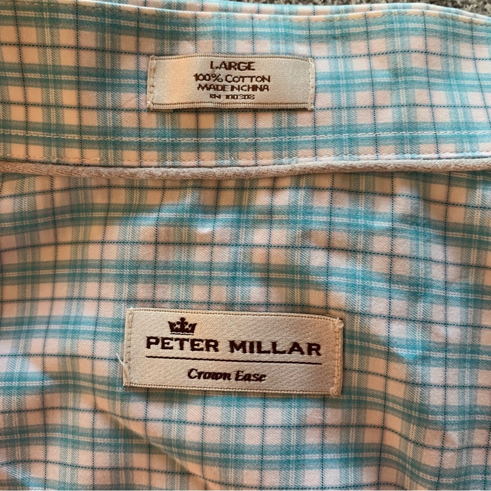Peter Millar men’s Crown Ease blue plaid button up shirt sleeve shirt, large - Picture 7 of 7